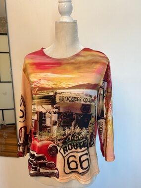 Vintage Graphic Route 66 Long Sleeve Tee - Red Multi
